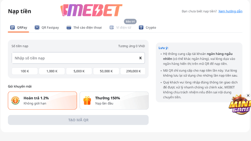 Những điều lưu ý quan trọng khi nạp tiền MEBET