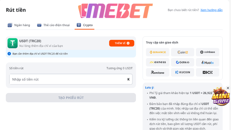Hướng dẫn rút tiền MEBET theo từng kênh thanh toán